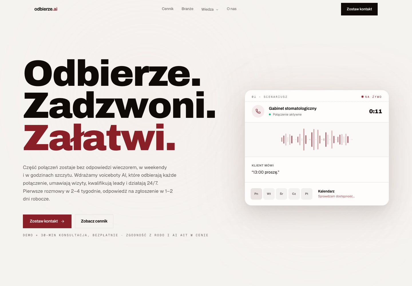 Górna część strony odbierze.ai z panelem aktywnego połączenia voicebota.