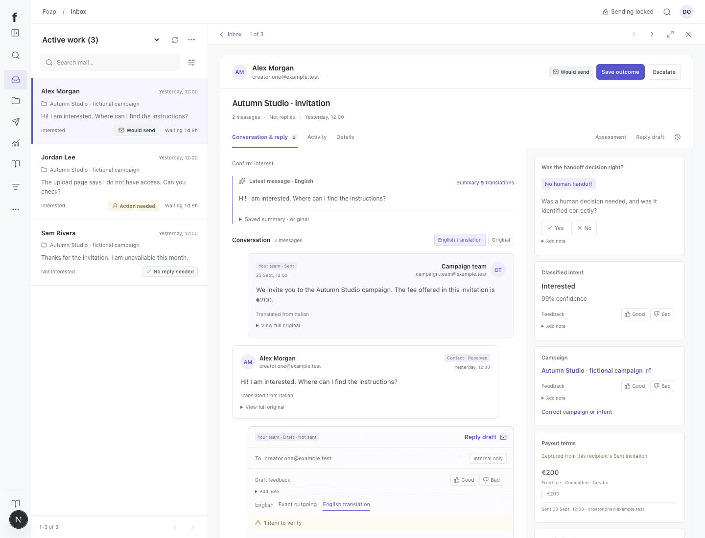 Panel foap.com z rozmową twórcy i kontekstem kampanii na fikcyjnych danych.